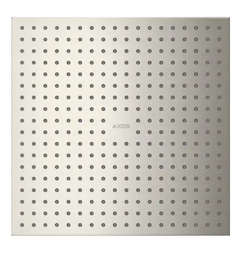 Edelstahl-Duschkopf mit gleichmäßig verteilten Sprühöffnungen, Marke AXOR, quadratisch und flach gestaltet, geeignet zur Deckenmontage.